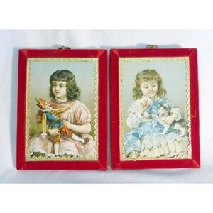 Vtg plaque wall home decor nostalgia 1880 print girls french Victorian set of 2